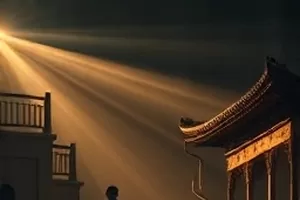 《青灯街角》旧书店门头封面画面，暖黄灯牌与木格窗